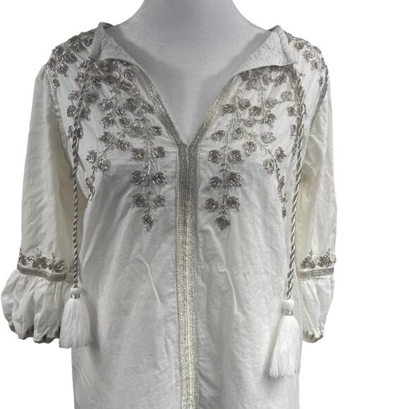 Gretchen Scott Beaded Embroidered Cotton Cleopatra Dress Sz S Beach Tassel Boho - Picture 6 of 12